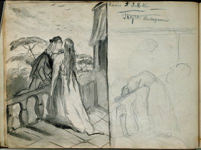 罗密欧与朱丽叶》 威廉-莎士比亚（1564-1616）的同名作品的插图，表现了在阳台上接吻的恋人。西奥多-夏瑟留（1819-1856）的素描，巴黎。卢浮宫博物馆 作者 蒂奥多·切塞留
