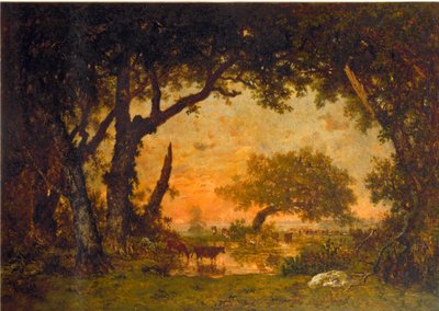枫丹白露森林的出口，日落（布面油画 作者 Pierre Etienne Theodore Rousseau