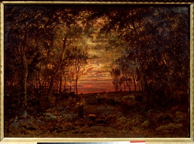 Sunset in the forest Painting by Theodore Rousseau (1812-1867) 19th century Barbizon School. Dim. 0,46x0,62m. Oil on canvas. . 作者 皮埃尔·艾蒂安·西奥多·卢梭