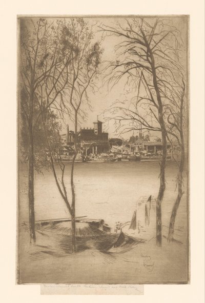有港口和工业的河流景观
唇形花和巴特西 作者 Théodore Roussel（艺术家签名）
