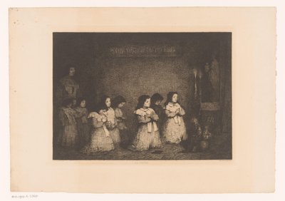 一群女孩在圣母玛利亚雕像前祈祷
La Prière（物品上的标题）
Eaux-Fortes Modernes: Originales et Inédites（系列标题） 作者 J和A Lemercier