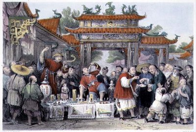 天星的流动医生，摘自乔治-纽纳姆-赖特（约1790-1877年）的《中国系列景观》1843年（彩色版画）。 作者 托马斯（后）Allom