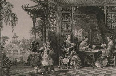 打牌的文人家庭妇女，出自乔治-纽纳姆-赖特（约1790-1877年）的《中国系列景观》1843年（雕刻）。 作者 托马斯（后）Allom