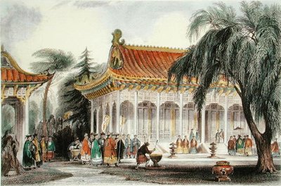 北京圆明园觐见厅，约1850年（彩色平版）。 作者 托马斯（后）Allom
