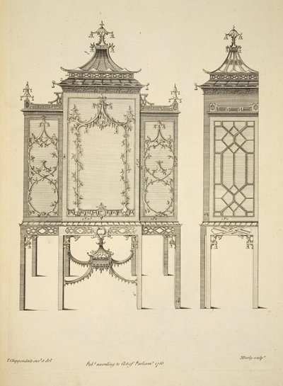 瓷器箱的设计，出版。1753年（雕版画 作者 托马斯（后）齐彭代尔
