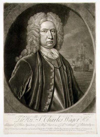 查尔斯-瓦格爵士（1666-1743）的肖像，由约翰-法布尔（1684-1756）1732年雕刻（雕刻）的蓝色中队的海军司令。 作者 托马斯（后）吉布森