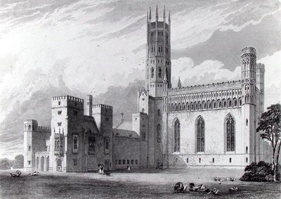 Fonthill Abbey从东南方向看，出自John Britton的 "Fonthill Abbey的图形和文学插图"，由S. Rayner绘制，W. Tombleson刻制。 作者 托马斯（之后）海厄姆