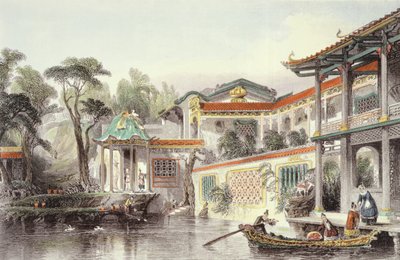 广州郊区的中国商人Conseequa之家，来自George Newenham Wright的“中国一系列观点”（c.1790-1877）1843 作者 托马斯·阿隆