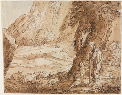 有羊和两个牧羊人的风景，19世纪上半叶。 作者 托马斯·巴克