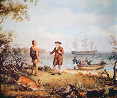 1682年，威廉-潘恩首次抵达美国，并遇到一位美国原住民（布面油画）。 作者 托马斯·伯奇