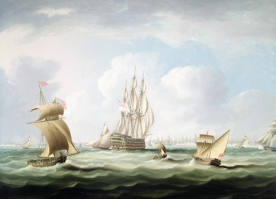 加的斯湾的白板副将和其他船只的头等舱（布面油画） 作者 托马斯·巴特沃斯（Thomas Buttersworth）