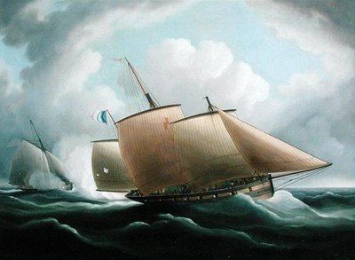 一艘被英国切割机追赶的法国拖船（布面油画） 作者 托马斯·巴特沃斯（Thomas Buttersworth）