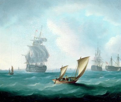 英国男子战争和巨浪中的绿巨人，前景中的帆船 作者 托马斯·巴特沃斯（Thomas Buttersworth）