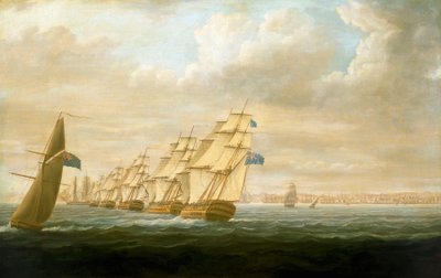 纳尔逊在加的斯的近岸封锁中队，1797 年 7 月，约 1800 年（布面油画） 作者 托马斯·巴特沃斯（Thomas Buttersworth）