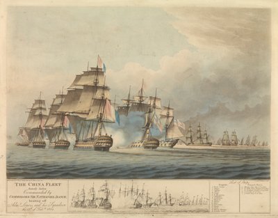 由海军准将纳撒尼尔-丹斯（Nathaniel Dance，1748-1827 年）指挥的满载货物的中国舰队迫使法国海军上将夏尔-德-杜兰德（Charles de Durand L，1761-1848 年）及其中队于 2 月 15 日撤退。 作者 托马斯·巴特沃斯（Thomas Buttersworth）