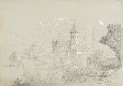 施皮茨城堡，1841年（灰绿纸上的铅笔和水粉） 作者 托马斯·科尔