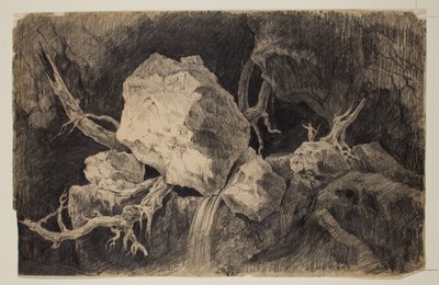 猎人站在岩石和瀑布附近的山洞里，约1828年（石墨铅笔）。 作者 托马斯·科尔