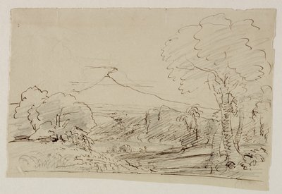 Volcano，Lake，Figure Hunting，1846-47（笔和墨水用铅笔在纸上） 作者 托马斯·科尔