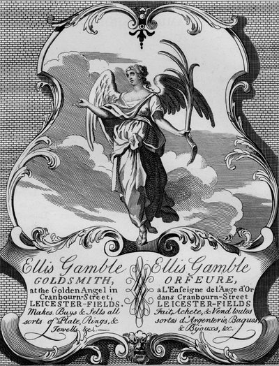 金匠Ellis Gamble的商业卡，1720年代，1827年。 作者 托马斯库克