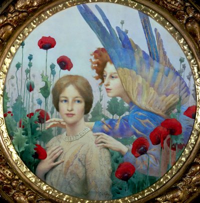 "信息 "罂粟花田中的年轻女子和天使。托马斯-库珀-高奇（1854-1931 年）（普拉法尔派）的画作 私人收藏 作者 托马斯·库珀·戈奇