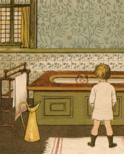 家庭生活。孩子在浴室里洗澡 作者 托马斯·克莱恩（Thomas Crane）