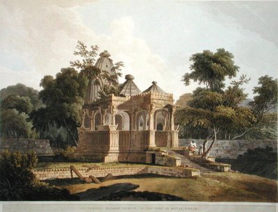 巴哈尔的罗塔斯堡的一座古代印度教寺庙，图版12来自《东方风景》。印度斯坦的二十四景》，1796年出版（彩色平印）。 作者 托马斯·丹尼尔