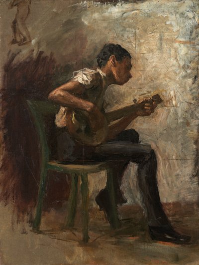 黑人男孩跳舞的研究：班卓琴手，约1877年（纸板上的油画）。 作者 托马斯·埃金斯