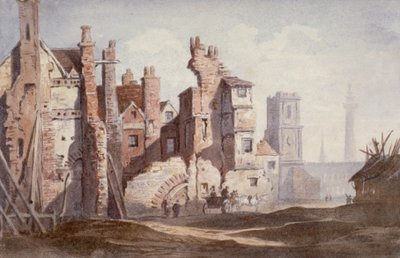 拆除沃尔布鲁克附近的老房子，为威廉国王街让路，伦敦市，1834年。     作者 托马斯·法德