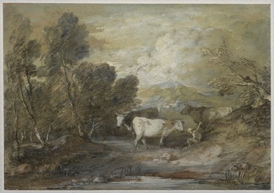 高地水池边带着三头奶牛的牧民，1780 年代中期（水彩、墨水和油画，用白色粉笔加色） 作者 托马斯·盖恩斯伯勒
