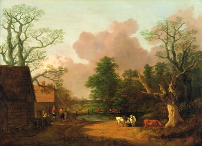 带人物，农舍和挤奶女工的风景，约1754-6年（布面油画） 作者 托马斯·盖恩斯伯勒