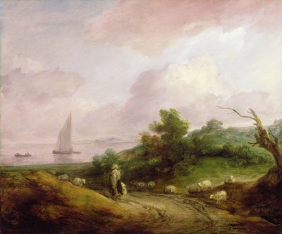 约有牧羊人及其羊群的沿海景观，约1783-4年（布面油画） 作者 托马斯·盖恩斯伯勒