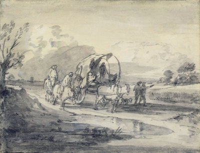 与牧民和有盖车一起打开风景，c.1780-85（灰色和黑色洗涤和粉笔放在纸上） 作者 托马斯·盖恩斯伯勒