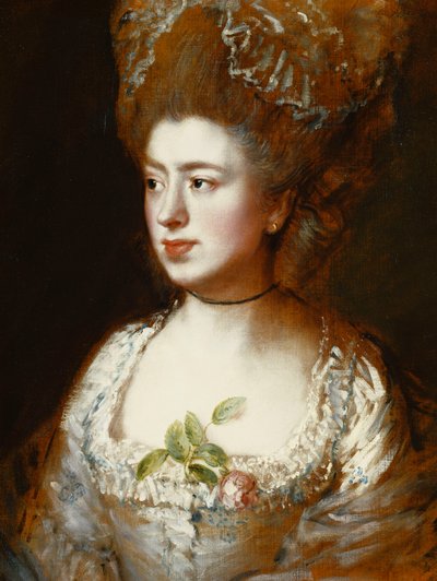 玛丽·盖恩斯伯勒小姐（Mary Gainsborough）小姐，后来的菲舍尔（Fischer）夫人，艺术家的女儿，头和肩膀的肖像，面对她的右边，身穿蓝白相间的礼服，胸前戴粉红玫瑰， 作者 托马斯·盖恩斯伯勒