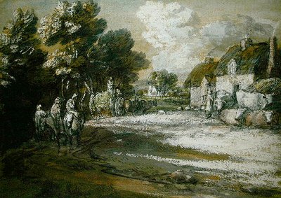 经过村庄的旅行者（纸上黑白粉笔画） 作者 托马斯·盖恩斯伯勒