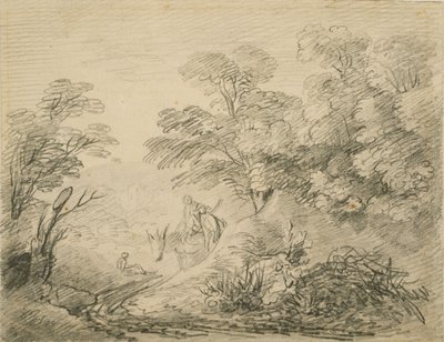 树木繁茂的景观与驴和数字，c.1759（石墨在纸上） 作者 托马斯·盖恩斯伯勒