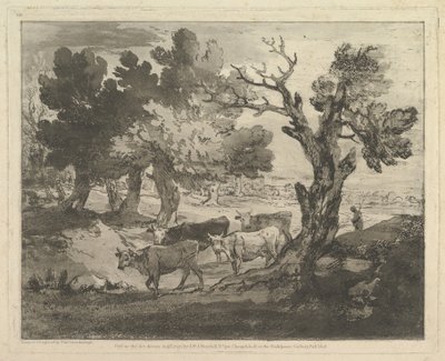 牧民和牛的树木繁茂的风景，1797年8月1日。 作者 托马斯·盖恩斯伯勒