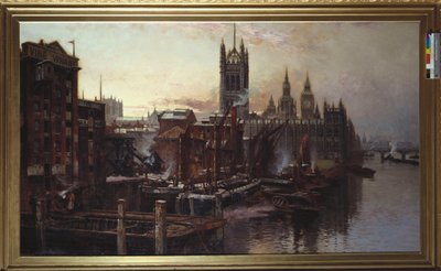 伦敦泰晤士河上的国会大厦景观（布面油画） 作者 托马斯·格林哈（Thomas Greenhalgh）