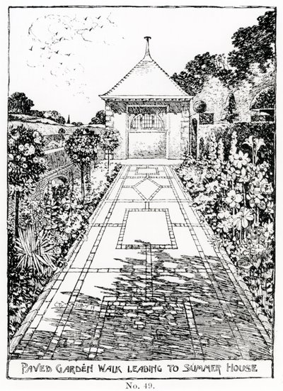 从托马斯·莫森（Thomas Mawson）的“花园制作的艺术与手工艺品”（The Art and Craft of Garden Making）中走出来的花园步道通往避暑别墅，于1900年出版 作者 托马斯·海顿·莫森