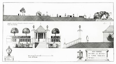 绍斯波特：托马斯·莫森（Thomas Mawson）的“城市规划研究”（Research in Town Planning）于1911年出版的上层露台和墙壁的剖面和细节 作者 托马斯·海顿·莫森