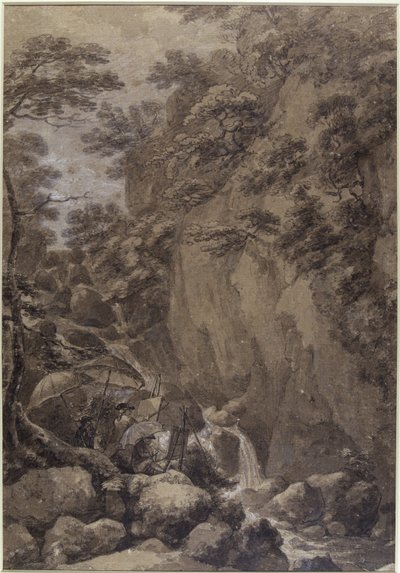 乔治·博蒙特爵士和约瑟夫·法林顿爵士画了一幅瀑布，1777年（笔和墨水在纸上洗） 作者 托马斯·赫恩