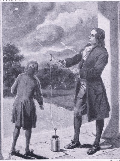 富兰克林证明闪电和电气现象，插图选自《卡塞尔名人传》，约 1940 年（平版）。 作者 汤玛斯·希思·罗宾逊
