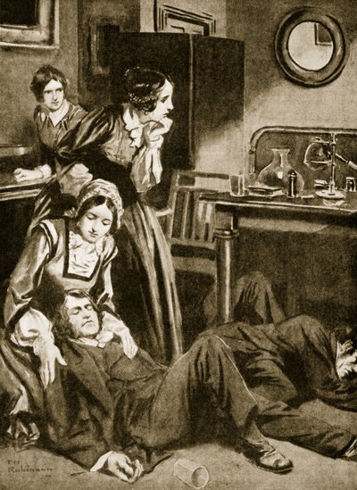 詹姆斯-辛普森和他的助手发现氯仿，1847 年 11 月（石版画） 作者 汤玛斯·希思·罗宾逊