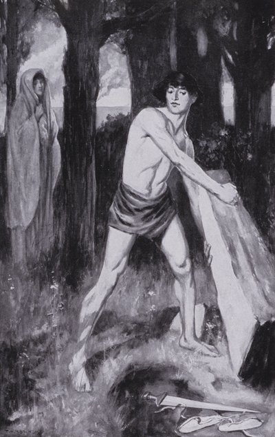 特修斯举起它，把它翻过来（石版画） 作者 汤玛斯·希思·罗宾逊