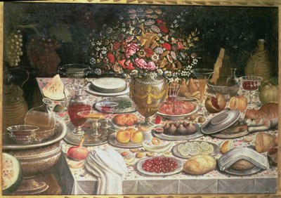 表装载的静物画用食物，饮料和花瓶 作者 Thomas Hiepes