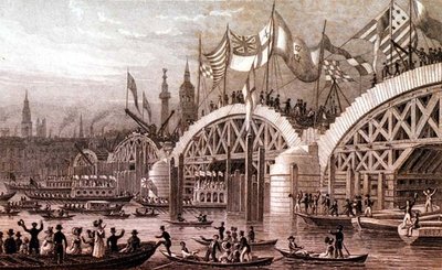 新伦敦桥，市长的队伍在未完工的拱门下经过，由托马斯-海姆（1796-1844）雕刻，由琼斯公司出版。1828年11月(版画) 作者 托马斯·霍斯默（后）牧羊人
