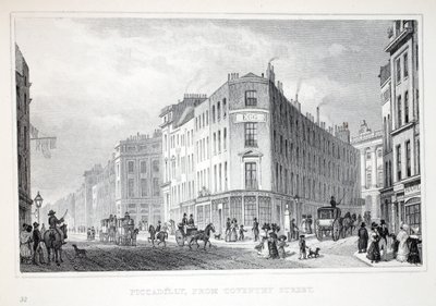 皮卡迪利（Piccadilly），来自考文垂街（Coventry Street），来自&39;伦敦及其十九世纪的环境&39;酒吧。 Jones und Co.，1827-1829 作者 托马斯·霍斯默牧羊人