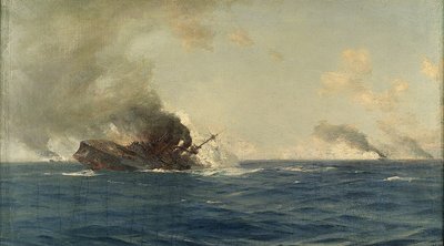福克兰群岛海战中 "沙恩霍斯特 "号的沉没，1914 年 12 月 8 日，约 1915 年（布面油画） 作者 托马斯·萨默斯卡尔斯