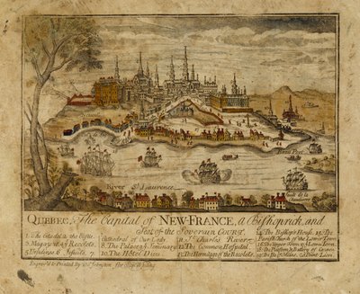魁北克，新法国的首都，一个主教，和Soverain法院的席位，1759年（手工彩色雕刻） 作者 托马斯·约翰斯顿