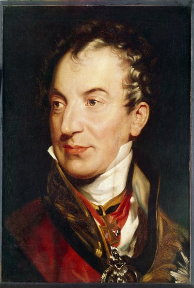 梅特涅亲王克莱门斯-温策尔（1773-1859 年）的肖像。奥地利政治家。托马斯-劳伦斯爵士（1769-1830 年）于 1814 年至 1819 年间创作的布面油画。英国艺术 作者 托马斯·劳伦斯