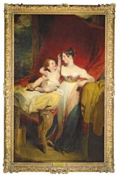 安妮（Viscountess Pollington）的肖像，后来的梅克斯伯勒伯爵夫人（卒于1870年），和儿子约翰·查尔斯（John Charles）（1810-99），后来的梅克斯伯勒伯爵第四代伯爵夫人，全长，她穿着白色连衣裙，玫瑰色的玫瑰 作者 托马斯·劳伦斯